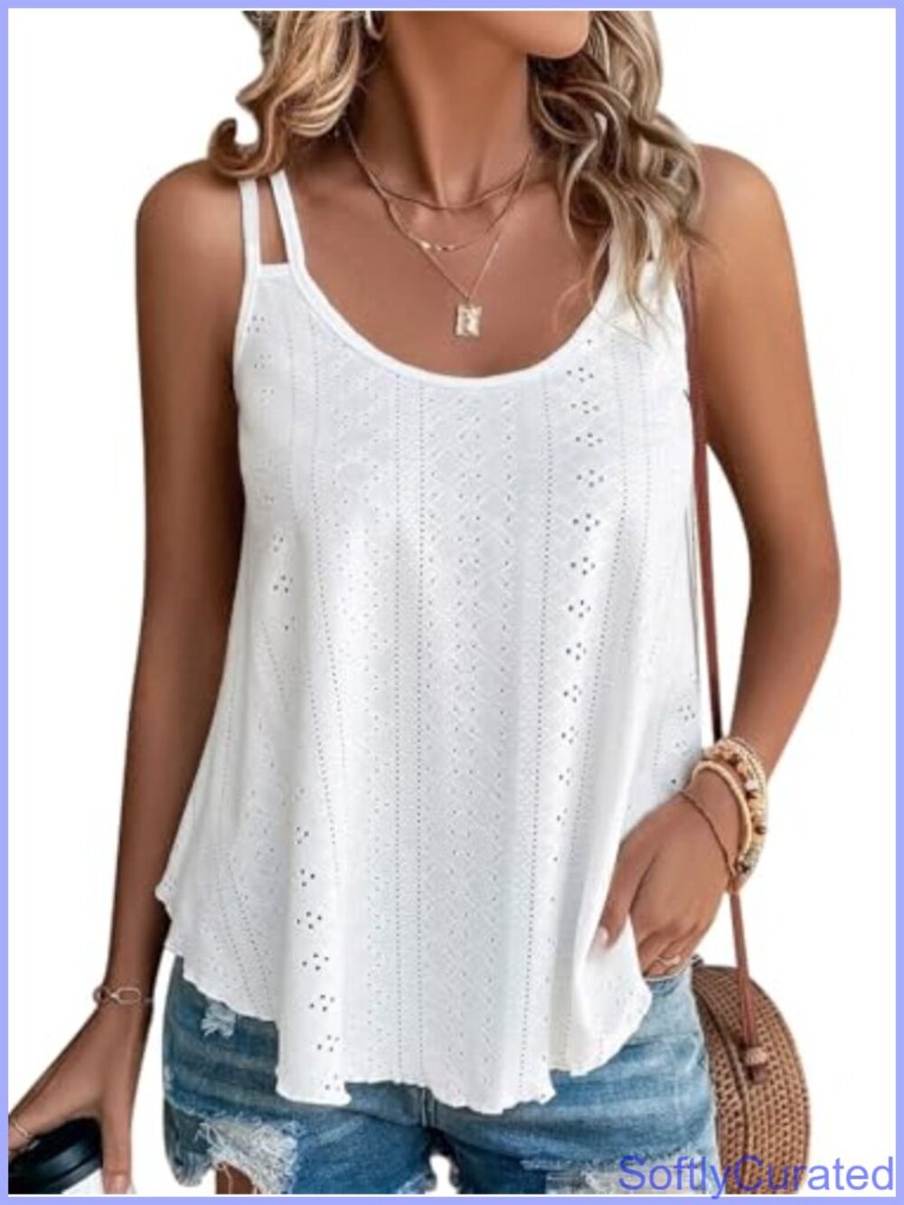 Womens Sleeveless Spaghetti Strap Eyelet Flowy Summer Tank Top